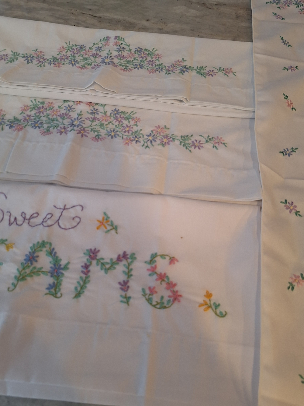 Embroidered Floral Pillowcase Set - White with Pastel Flowers - Picture 1 of 4